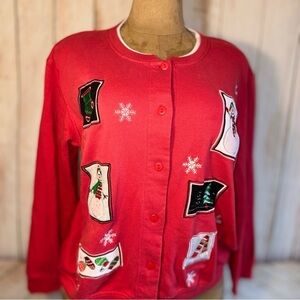 Holiday Traditions Red Grandma Cardigan w/ Christmas patches,  snowman & tree XL